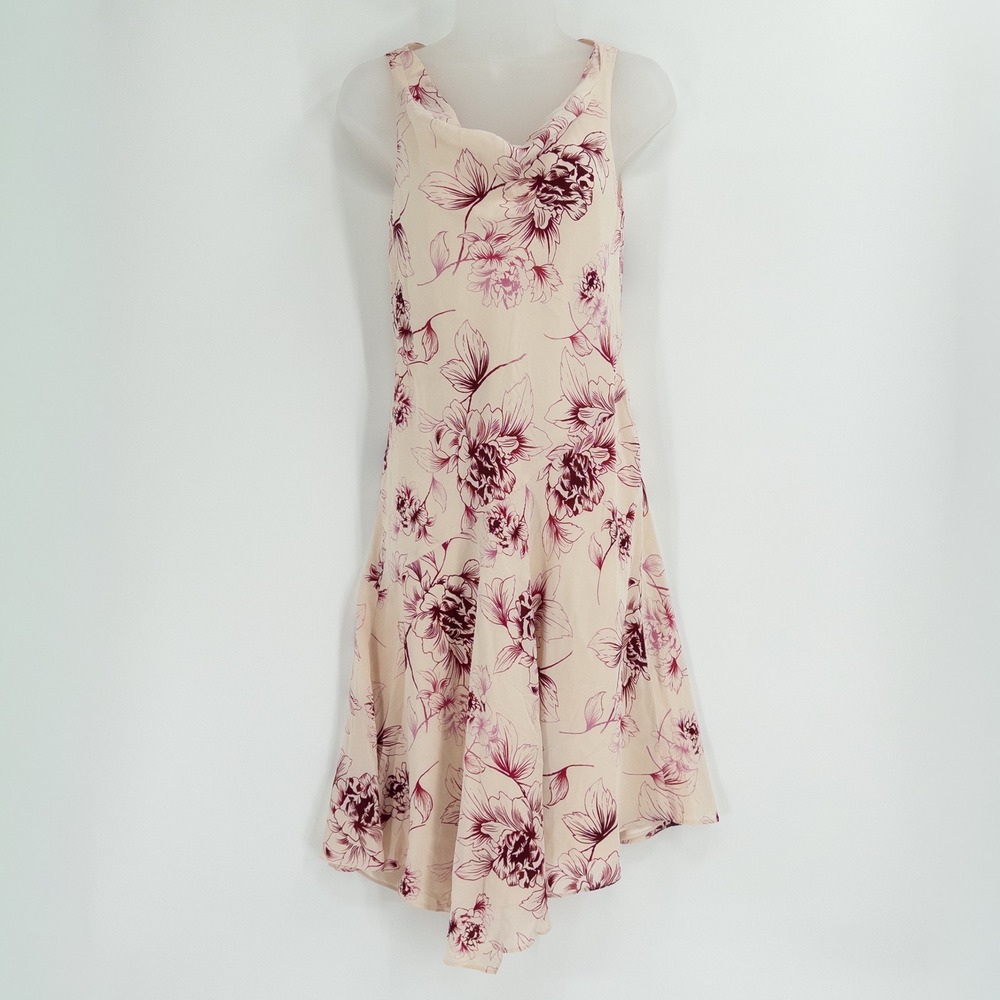 Y2K Ann Taylor Loft Silk Dress Womens 4 Cream Floral Cowl Asymmetrical Romantic